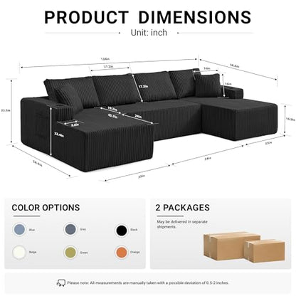 125" Cloud Couch Sectional, Modular Sofa with Cup Holder and Storage Pocket, Corduroy U Shaped Boneless Sofas, Couch in a Box, No Assembly Required, Black Couches for Living Room