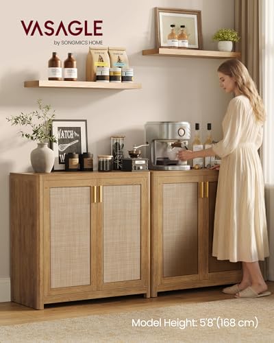 VASAGLE ELLAN Collection - Boho Buffet Cabinet with Rattan-Look Doors, Sideboard Storage Cabinet, Rounded Corners, Adjustable Shelf, for Kitchen, Natural Brown UBBK345KC01