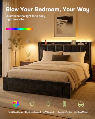 Queen Bed Frame with Storage Drawer, Queen Upholstered Bed Frame with Headboard, view 7