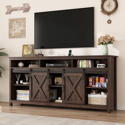 70" LED Farmhouse TV Stand for 80/75/70 Inch TVs,Tall Entertainment Center Storage Cabinets w/Power Outlets and Sliding Barn Door,Rustic TV Stands for Living Room,Media Console Cabinet (Rustic Brown)