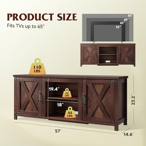 Modern Farmhouse TV Stand for TVs up to 65", Entertainment Center with X-Shaped Barn Doors, Large Storage Media TV Console with Adjustable Shelves & Cable Holes for Living Room, Brown