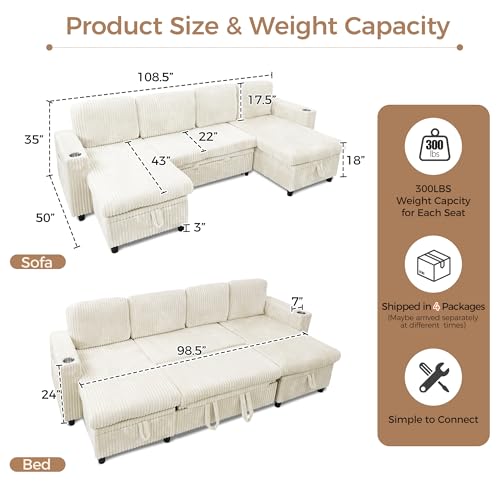 Modular Sectional Sleeper Sofa with Pull Out Bed, Plush Corduroy U Shaped Couch with Storage Chaise, USB Ports, Cup Holders, Comfy Sectional Couches for Living Room, Beige
