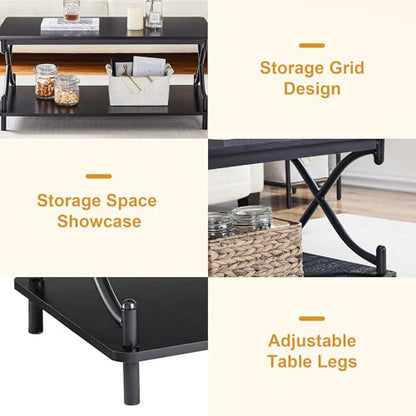 Coffee Table for Living Room with Round Corners Modern Farmhouse Center Table with Storage Shelf for Home Office 39 Inch, Easy Assembly, Glossy Black
