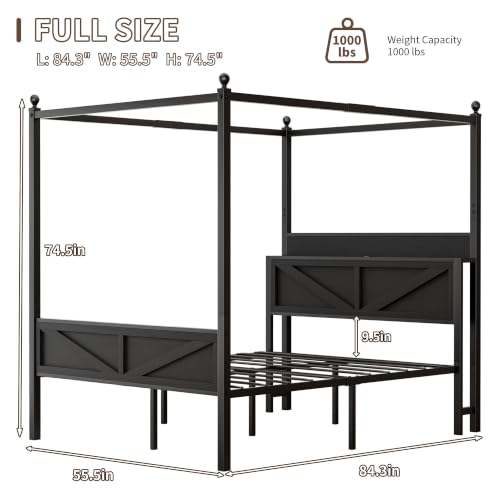 Canopy Bed Frame Full Size with Storage Headboard, Black, view 3