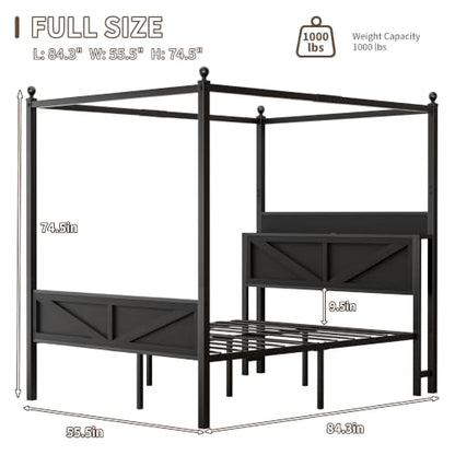 Canopy Bed Frame Full Size with Storage Headboard, Black, view 3