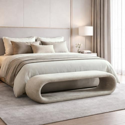 Shoe Bench for Entryway, 52.2''W Curved Modern No-Assembly End of Bed Bench Ottoman for Living Room, Cloakroom, Passageway, Light Oatmeal.