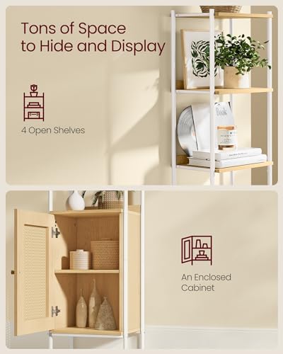 VASAGLE 6-Tier Bookcase, Bookshelf with Rattan-Like Door, Boho Style, Freestanding 15.7-Inch Wide Storage Shelf, Metal Frame, Adjustable Shelf, for Living Room, Oak Beige and Pearl White ULLS122W57
