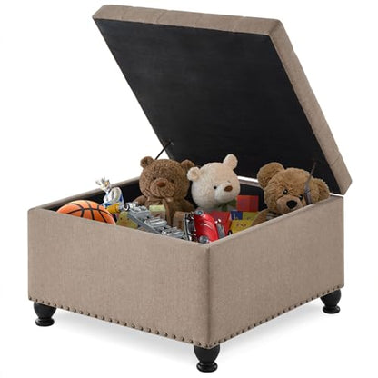 Oversized Square Ottoman Storage Bench for Living Room Bedroom Large Ottoman Coffee Table with Rubber Wood Legs, Linen Fabric Upholstered Foot Stool Foot Rest for Couch Sofa, Light Brown