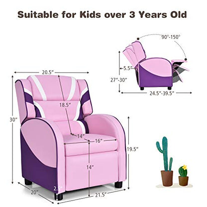 Kids Recliner, Gaming Recliner Chair w/Footrest, Headrest, Lumbar Support & Side Pockets, Ergonomic Leather Lounge Chair for Living & Gaming Room, Adjustable Recliner Sofa for Boys Girls, Pink