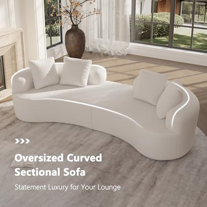 106.7" Modern Curved Oversized Sectional Sofa, Minimalist Modular Cloud Couch with 4 Throw Pillows, Luxury 4-Seater Extra Deep & Wide Seat Sofa in Soft Teddy Fabric, Cream White