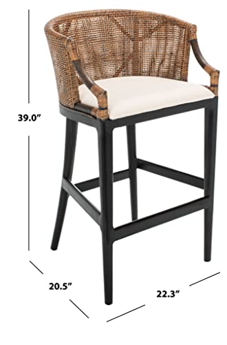 SAFAVIEH Furniture - Brando Rattan Bar Stool - Brown & Black - Solid Wood - Coastal Rattan-Back Design - Ideal for Kitchen, Bar Area, Dining Room (SEA4014D)