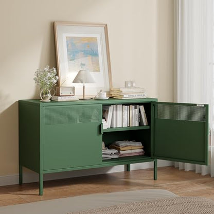 Metal Storage Cabinet with 2 Doors & Adjustable Shelves, 25" H Green Accent Cabinet, Metal Locker Storage Cabinets, Tv Stand Cabinet for Home, Office, Living Room, Entryway