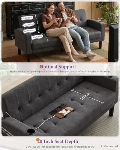 Sofa Couch, Living Room Furniture Sectional Sofa Sets of 3 Pcs, Tufted Mid-Century Loveseat w/USB, Cupholders & Comfy Single Sofa for Small Space, Apartment, Office (Dark Grey)