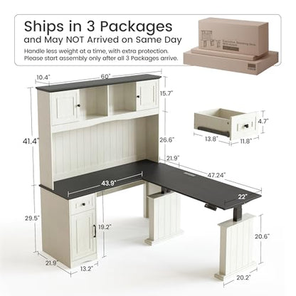60" Adjustable L Shaped Executive Desk with Hutch and Storage Cabinet, Farmhouse Computer Desk with Charging Station, Reversible Home Office Workstation, Antique White