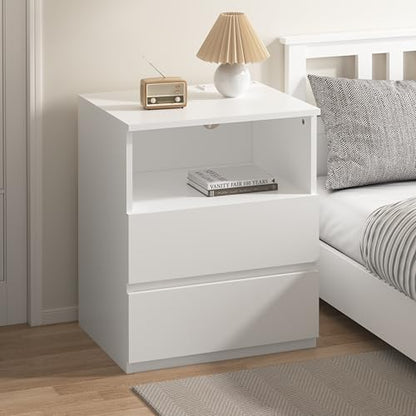 (Set of 2) End Table with Fast USB C Charging Station, Sofa Side Table with 2 Drawers, Large Storage Modern Wood Storage Cabinet for Living Room,Bedroom,Office, White