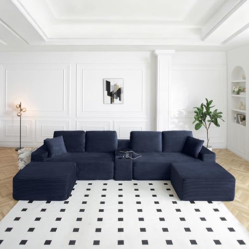 150" Oversized U Shaped Sectional Couch,Boneless Couch Featuring USB Ports,Cup Holders & Storage,Corduroy Couch with Reclining Design for Living Room or Apartment.(Blue)