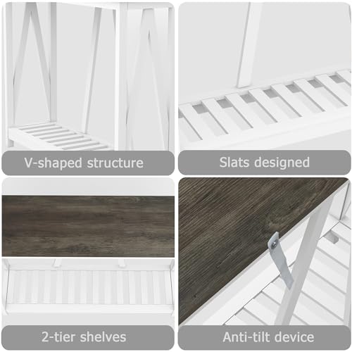 Farmhouse Console Table with Shelf, 39.3" Narrow Entryway Table, Dark Oak | Farmhouse Style Grey Oak Top White V‑Shape Frame Slat Shelf Storage 39.3" Narrow Anti‑Tip Legs sofa table
