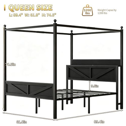 Canopy Bed Frame Queen Size with Storage Headboard, Black, view 3