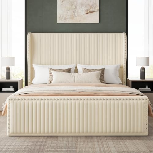 Queen Size Bed Frame with 55" Headboard Nailhead Trim Design, White, view 2