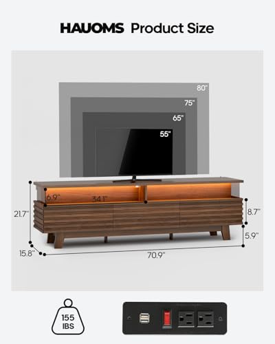 TV Stand with Cable Management, LED, Power Station (Walnut, 70.9"), view 3