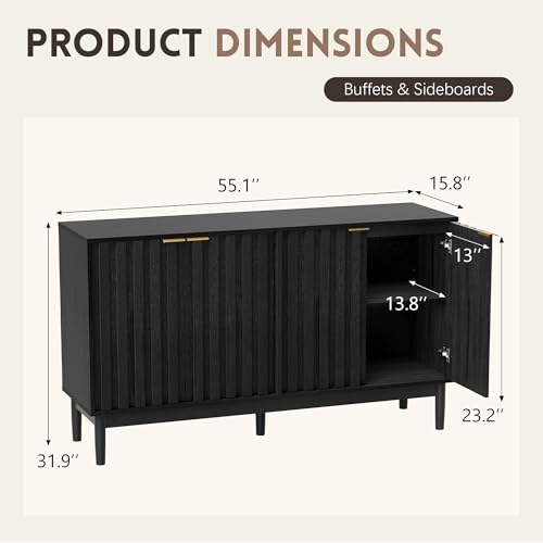55" Fluted Buffet Cabinet with Storage, Accent Cabinets, Black, view 3