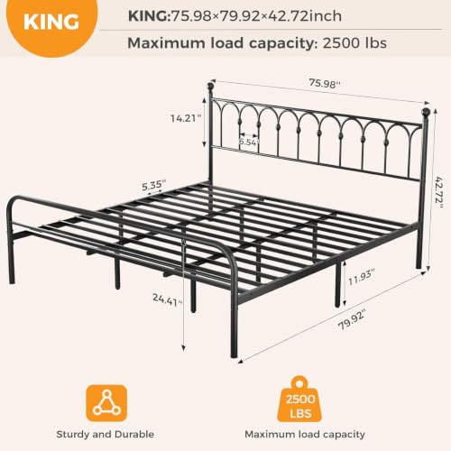 12 Inch King Metal Bed Frame with Victorian Headboard, view 4