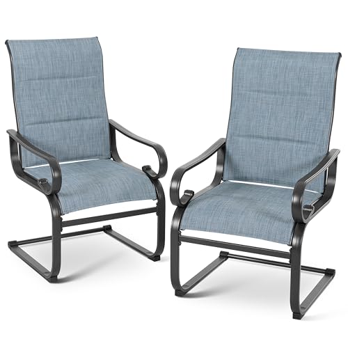 Set of 2 Padded Textilene Patio Dining Chairs C Spring Outdoor Chairs with Curved Armrests Powder Coated Metal Frame Patio Furniture for Garden Backyard Poolside Lawn Blue and Black
