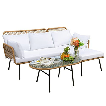 Outdoor Patio Furniture Set, Outdoor Sectional Conversation Rope Woven L-Shaped Sofa Set with Patio Table and Thick Cushions for Backyard Porch Balcony Garden, White