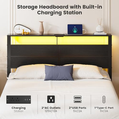 Queen Size Bed Frame with LED Lights and Charging Station Headboard, view 6