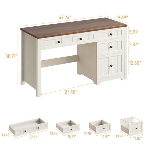 Farmhouse 47.2" Executive Desk with 3 Storage Drawers, Brown White, view 3