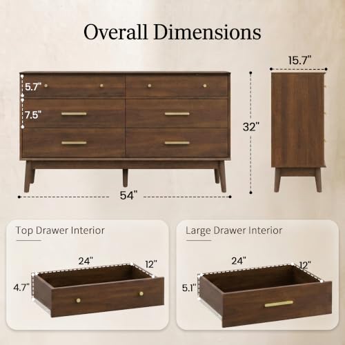 Mid Century Modern 6 Drawer Dresser for Bedroom, 54" W, Dark Walnut, view 3
