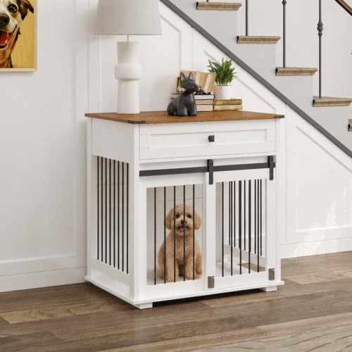 31.5” Dog Crate Furniture, Farmhouse Wooden Indoor Dog Kennel with Drawer, view 7