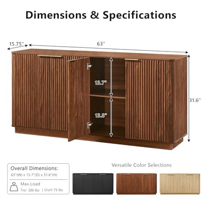 63" Sideboard Buffet Cabinet with Storage, 31.6" H Modern Fluted Accent Credenza, view 3