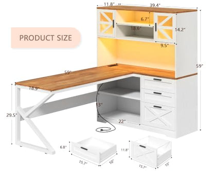 59” Farmhouse L Shaped Desk with Drawers, Storage Shelves for Home Office, view 3
