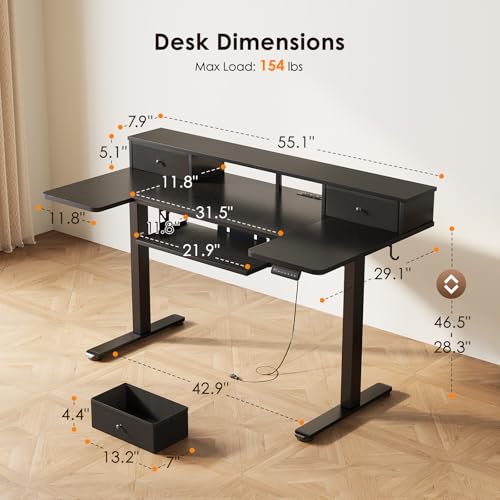 55 Inch U Shape Standing Desk with Keyboard Tray & Drawers, Black, view 4