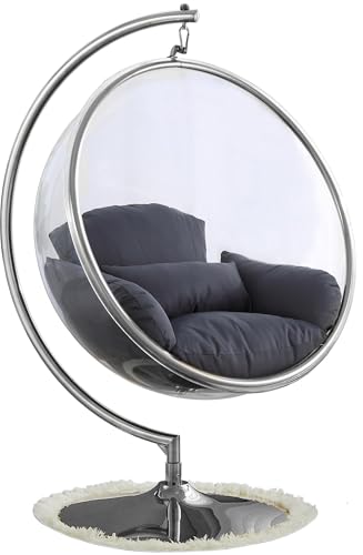 Meridian Furniture 507Grey Luna Collection Modern | Contemporary Clear Acrylic Accent Swing Chair with Durable Metal Base and Fabric Seat, Grey, Chrome Finish, 41.5" W x 29.5" D x 64" H