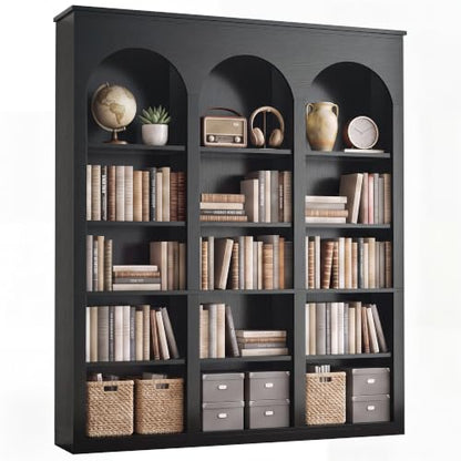 71" Triple Arched Bookcase, Tall Bookshelf with Shelves, Black, view 2