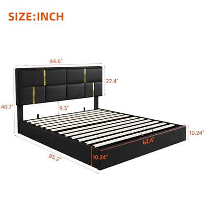 2-Pieces Bedroom Sets, Queen Size PU Upholstered Platform Bed with Hydraulic Storage System, Wood Platform Bed Frame with Metal Legs Storage Ottoman for Kids Teens Adults Bedroom, Black