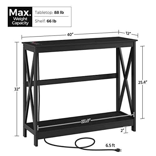 Yaheetech 40" Console Table with Power Outlets and USB Ports, Wood Entryway Table with Charging Station & Storage Shelf, Narrow 2-Tier Sofa Table for Living Room Hallway Foyer, Black