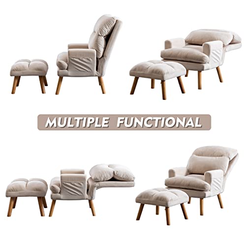 Modern Accent Chair with Ottoman, Soft Fabric Armchair with Adjustable Backrest and Side Pockets, Comfy Lounge Chair for Living Room, Bedroom, Apartment, Office, Beige