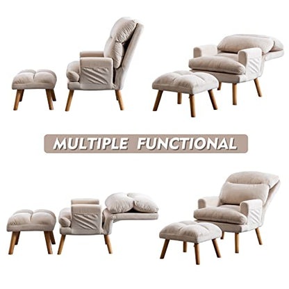 Modern Accent Chair with Ottoman, Soft Fabric Armchair with Adjustable Backrest and Side Pockets, Comfy Lounge Chair for Living Room, Bedroom, Apartment, Office, Beige
