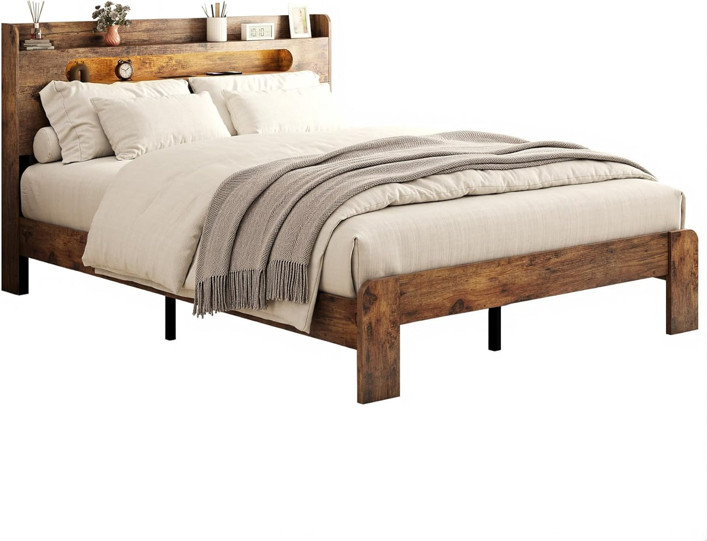 Wooden Queen Size Bed Frame with Storage Headboard, Rustic Farmhouse Platform Bed Frame Queen with Charging Station & LED Lights, 12 Wood Slats Support, No Box Spring Needed,Dark Brown