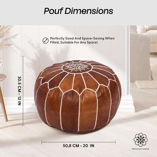 Handmade Pouf Ottoman Cover, Unstuffed Foot Stool, Round Boho Footrest for Living Room, Bedroom, Home Decor Gift (Dark Tan By White)