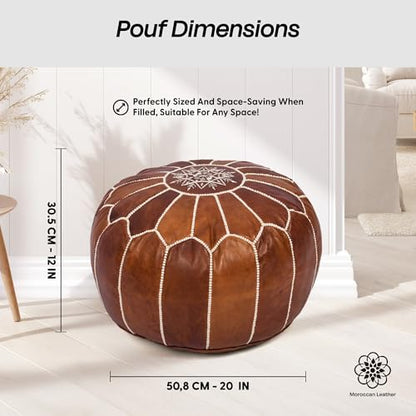 Handmade Pouf Ottoman Cover, Unstuffed Foot Stool, Round Boho Footrest for Living Room, Bedroom, Home Decor Gift (Dark Tan By White)
