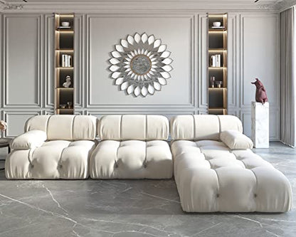 L-Shaped Sectional Couch, 104'' Minimalist Velvet Floor Sofas Couches, Mid-Century Modular Sectional Sofa with Reversible Chaise Ottoman for Living Room, Apartment (3-Seat, 1 Ottoman, Beige)