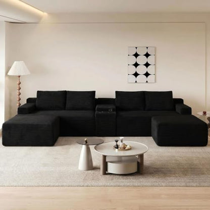 140.6" Oversized U Shaped Black Boneless Sectional Couches for Living Room, Large Cloud Modular Sofa Set with Storage Console, Cup Holder, Side Pockets, Deep Seat No Assembly Corduroy Couch