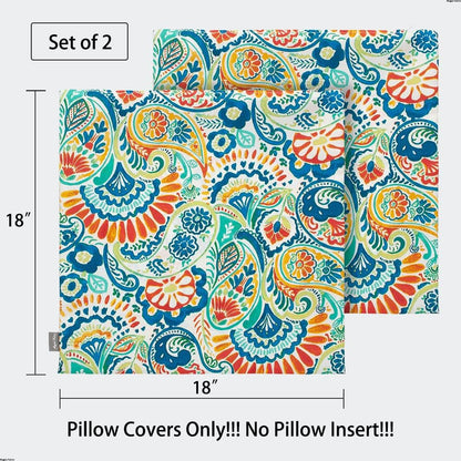 Patio Pillow Covers ONLY 18"X18", Set of 2, Fade-Resistant Outdoor Indoor Cushion Cases Decorative Throw Pillowcase Shell for Couch Garden Furniture -Paisley Multi
