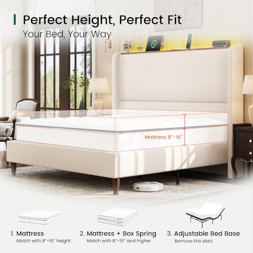 Queen Size Bed Frame with LED Lights and Charging Station Linen Upholstered, view 7