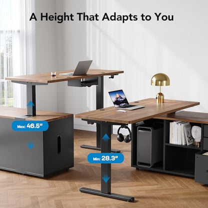 55 Inch L Shaped Standing Desk with Drawers, Electric Executive Desk with File Cabinet Sets, Adjustable Height Stand Up Desk, Home Office Computer Desk with 4 Memory Presets, Walnut