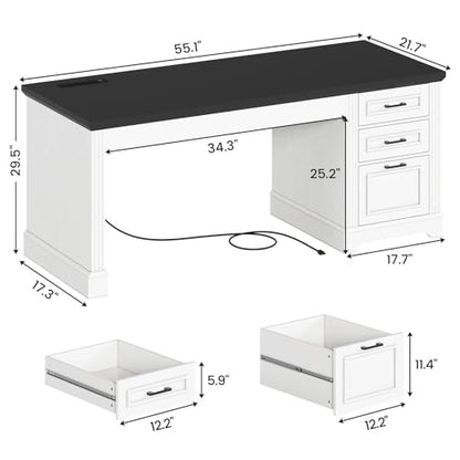 Office Desk with 3 Drawers, 55" Executive Computer Desk with Storage Drawers, view 3